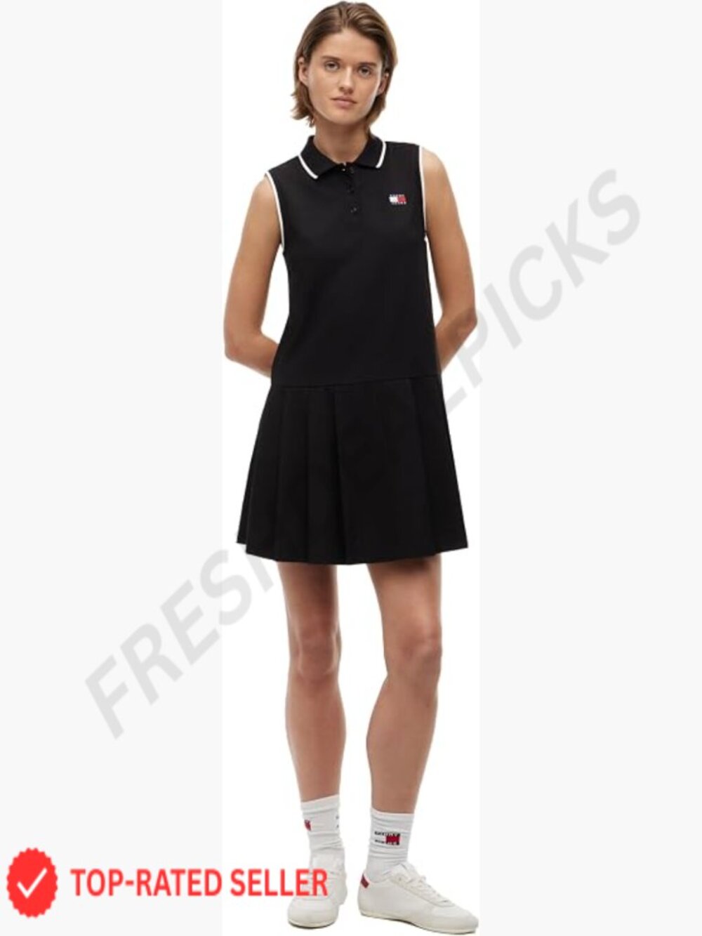 Cotton Sleeveless Pleated Dress Collared Neck Button Front Flag Logo